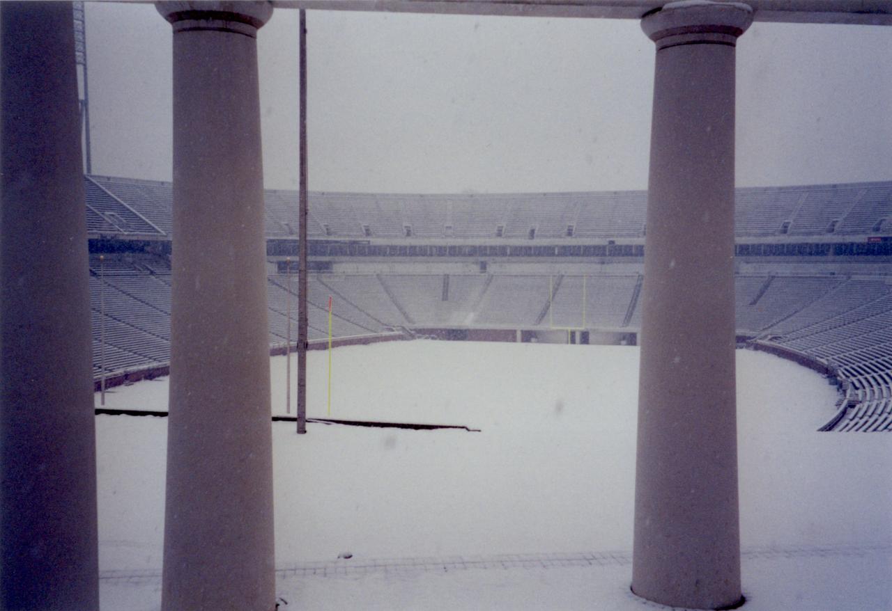 The stadium blanketed in snow