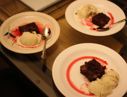 Chocolate-chip Butterscotch Brownies with Raspberry Sauce and Vanilla Bean Ice Cream