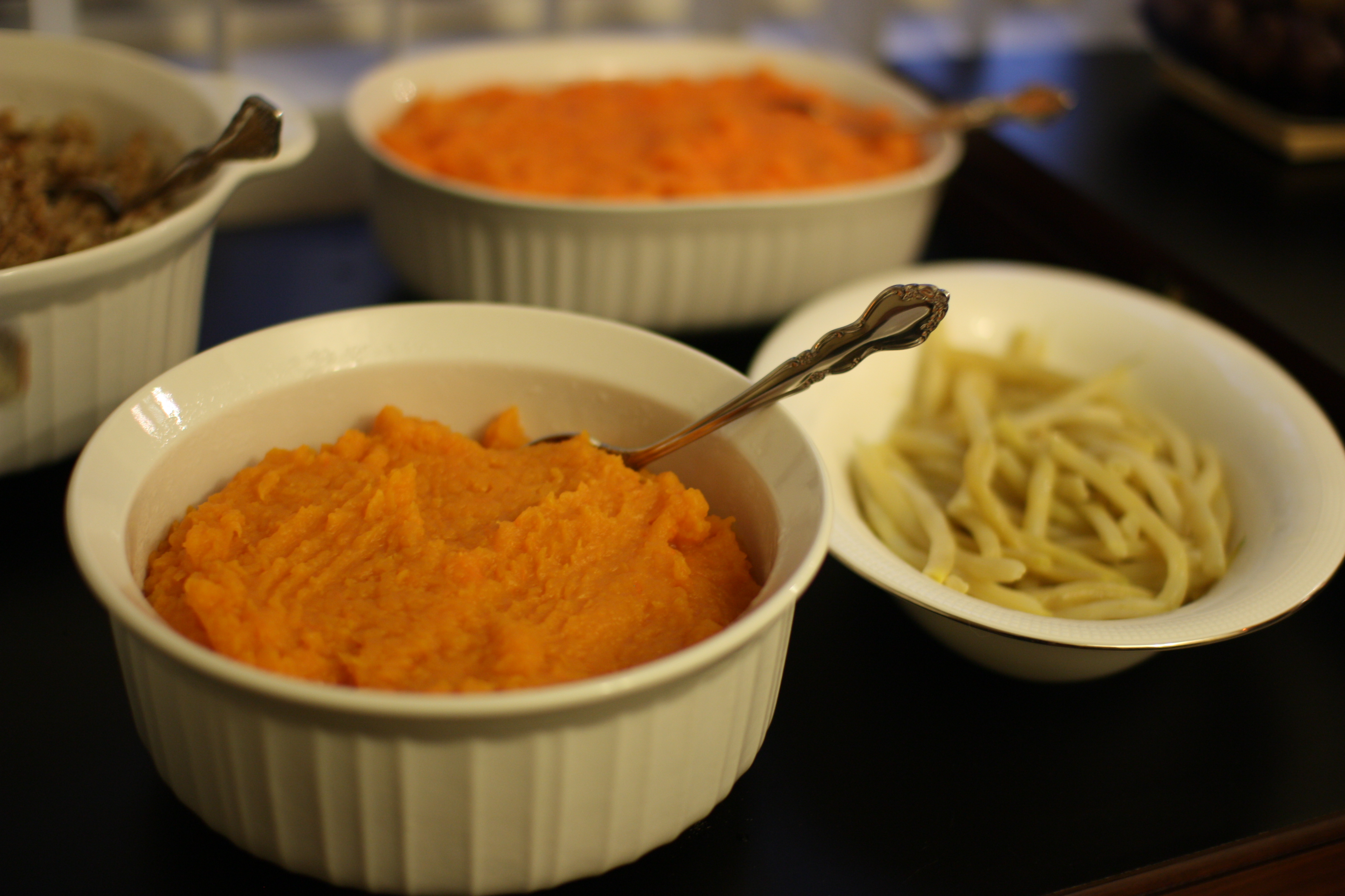 Thanksgiving Dinner: butternut squash, sweet potatoes, wax beans, and stuffing