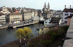 Grossmünster Church and the Limmat River from Lindenhof Park