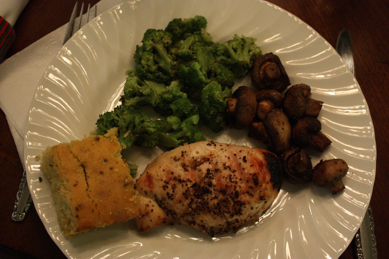 Chicken, mushrooms, broccoli, and corn bread dinner